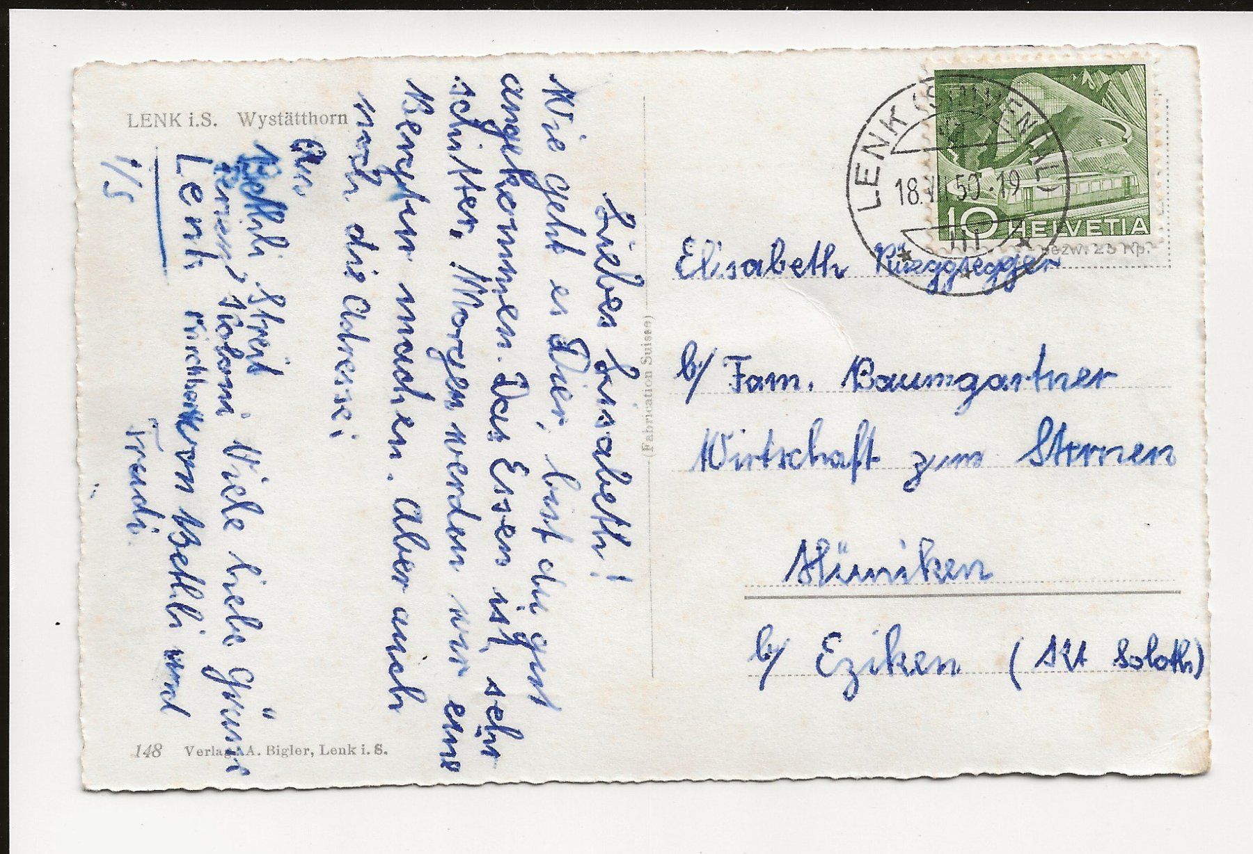 Cartoline postali: AK 1950 Lenk  richtung Wysätthorn – Usato da Greifensee venduto da 315WDO 1