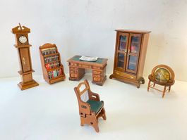 Vintage 6 Puppenhausmöbel Puppenbureaumöbel und 5 Zübehör,