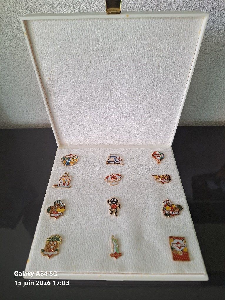 Sugus Placchette & Badge: 12 Pins Sugus dans coffret, selon photos – Usato da Saxon venduto da flicfloc