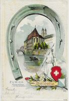 AK ZÜRICH HELVETIA HUFEISEN WASSERKIRCHE 1904 PRÄGEDRUCK