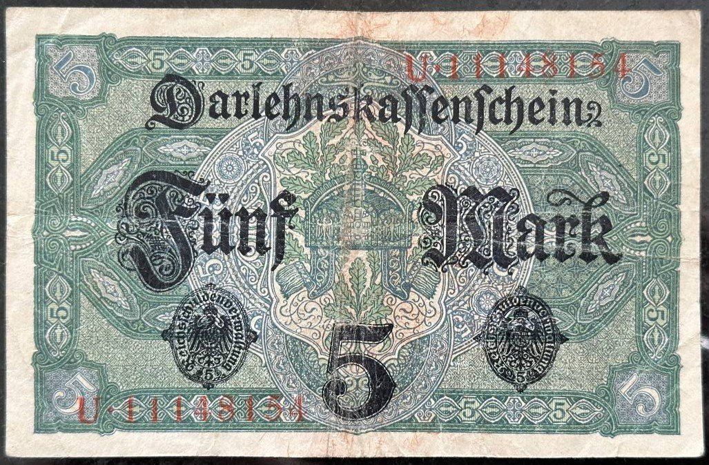 Banconote: Alte 5 Mark Banknote, Darlehenskassenschein, 1917 – Usato da Beringen venduto da Mantafisch1 1