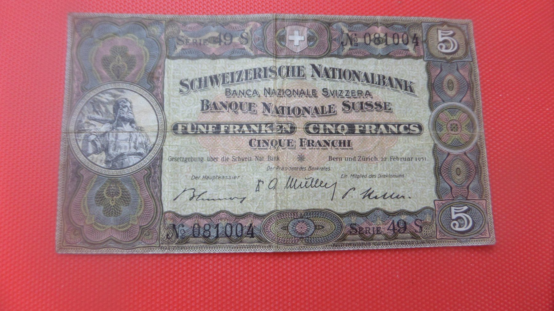 Banknoten: ALTE SCHWEIZER 5 FR NOTE  Zürich 22.Febr,1951 – Gebraucht aus Glis von MYS-Wallis2020 2