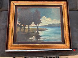Dipinto G. Mori, olio su tela, paesaggio lacustre