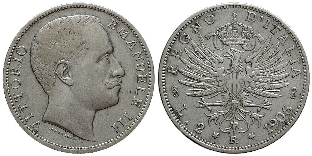 Alle Münzen: Italien, 2 Lire 1906, Roma – Gebraucht aus Chiasso von Novamarketing