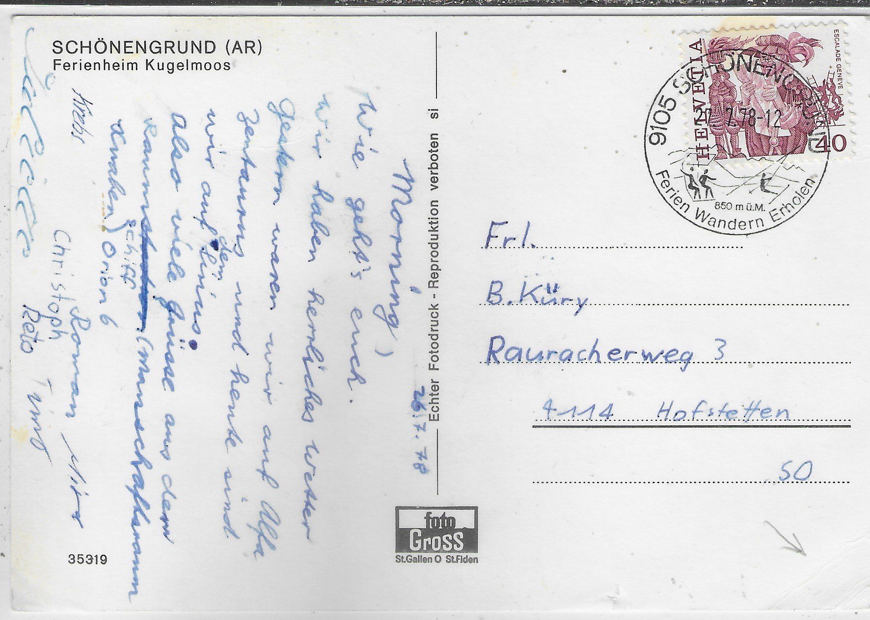 Cartoline postali: Ferienheim Kugelmoos - Schönengrund AR – Difettoso da Ettingen venduto da Kartenplanet 1