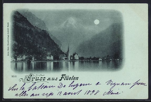 Cartoline postali: Mondschein-AK Flüelen, Ortsansicht mit  – Usato da Berlin venduto da bartko-reher