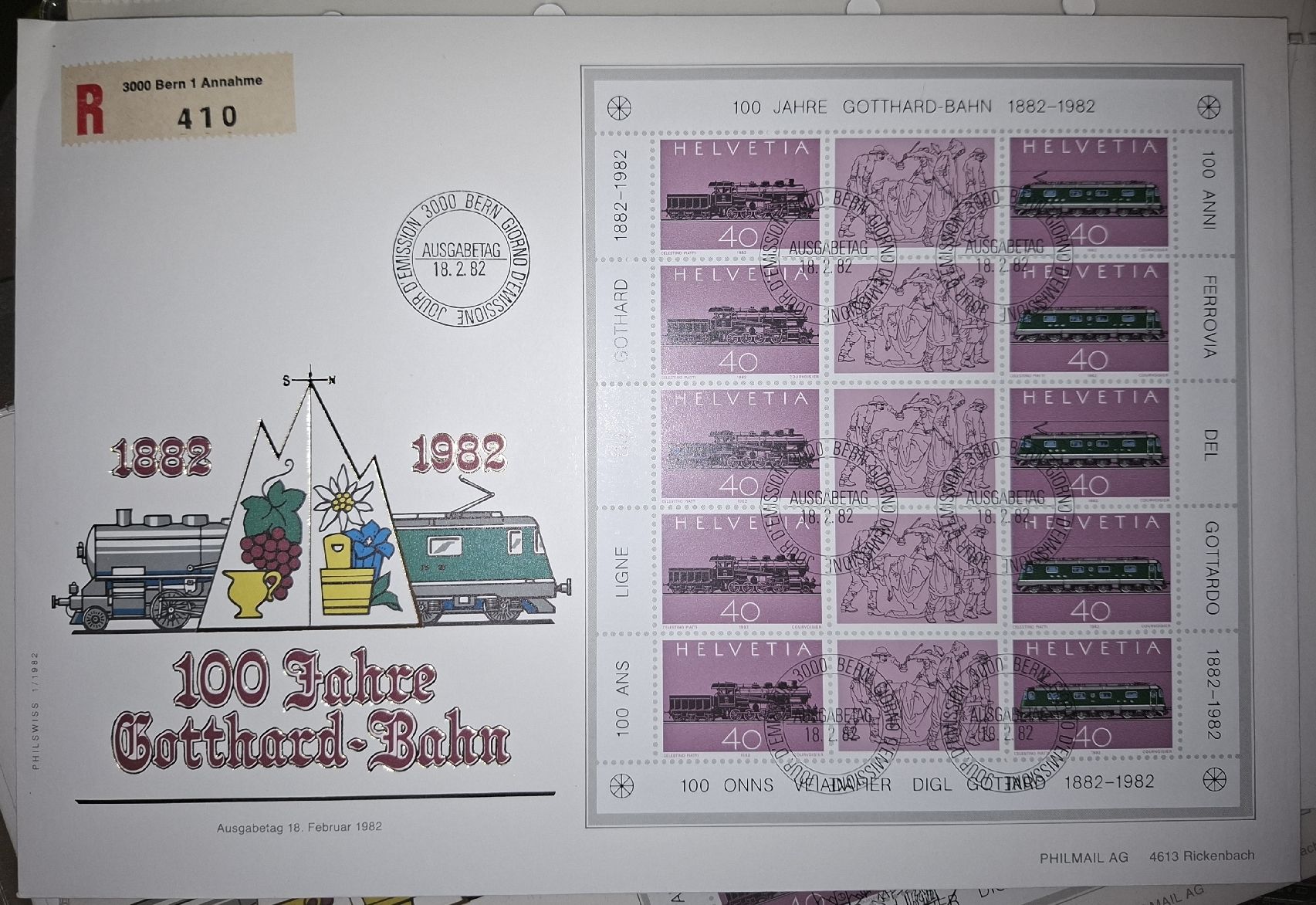 Tutti i francobolli: 100 Jahre Gothard - Bahn 1982 Gross Bogen – Usato da Balgach venduto da SIMEON27