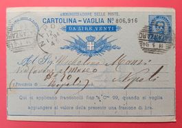 ITALIEN, POSTKARTE/ GANZSACHE VON CATANZARO NACH NAPOLI 1894