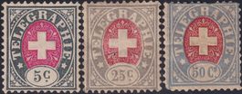 Telegraphenmarke Nr.1+2+7, "Weisses Papier", Kat: 900.-
