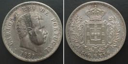 PORTUGAL 500 Reis 1891 KARL I. Silber ERHALTUNG! f.unz