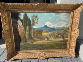 Ölgemälde R. Czapka 1972, Landschaft mit Figuren, Goldrahmen