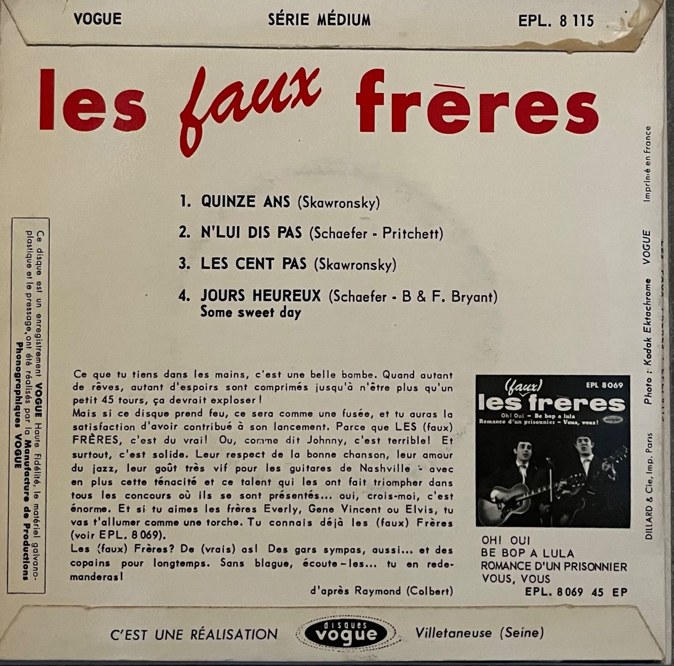 Dischi in vinile: LES "FAUX" FRÈRES - QUINZE ANS – Usato da Bussigny venduto da vinyl-pas-cher 1