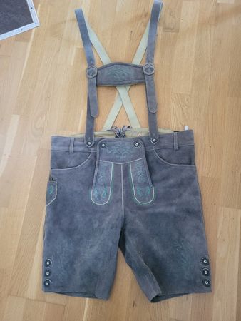 Herren Lederhose Trachtenmode grau mit Trägern 