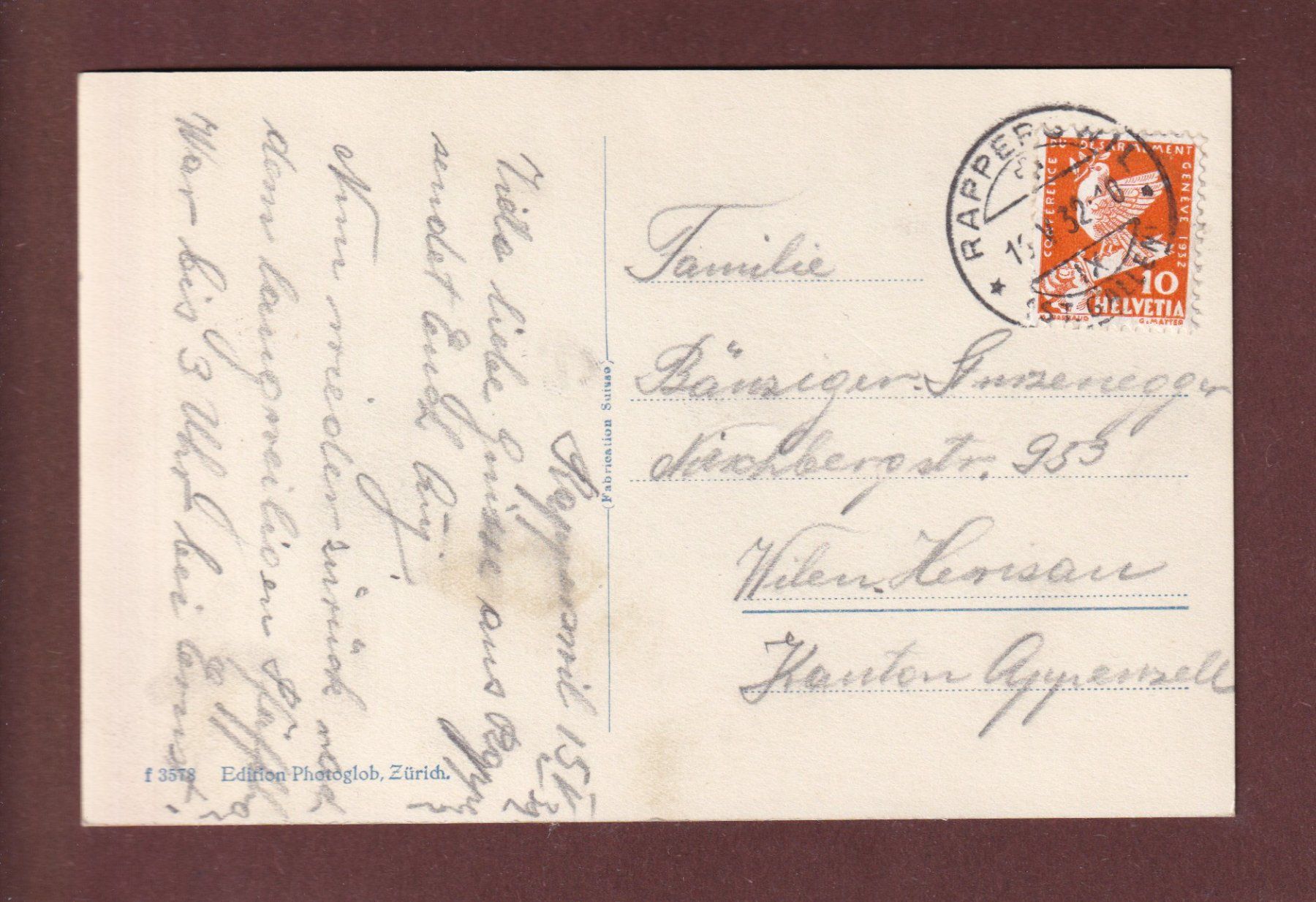 Ansichtskarten: RAPPERSWIL - Schloss - 1932 – Gebraucht aus Pully von nicecards-shop 1