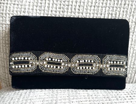 🟢 Pochette soirée vintage 1990 velours noir Tasche Clutch