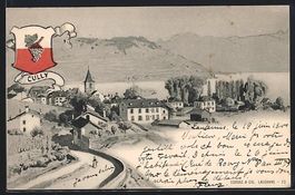AK Cully, Blick auf den Ort, Wappen