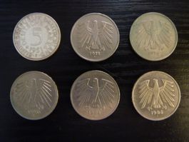 Deutsche Mark- 5 Mark Münzen 1951- 1986