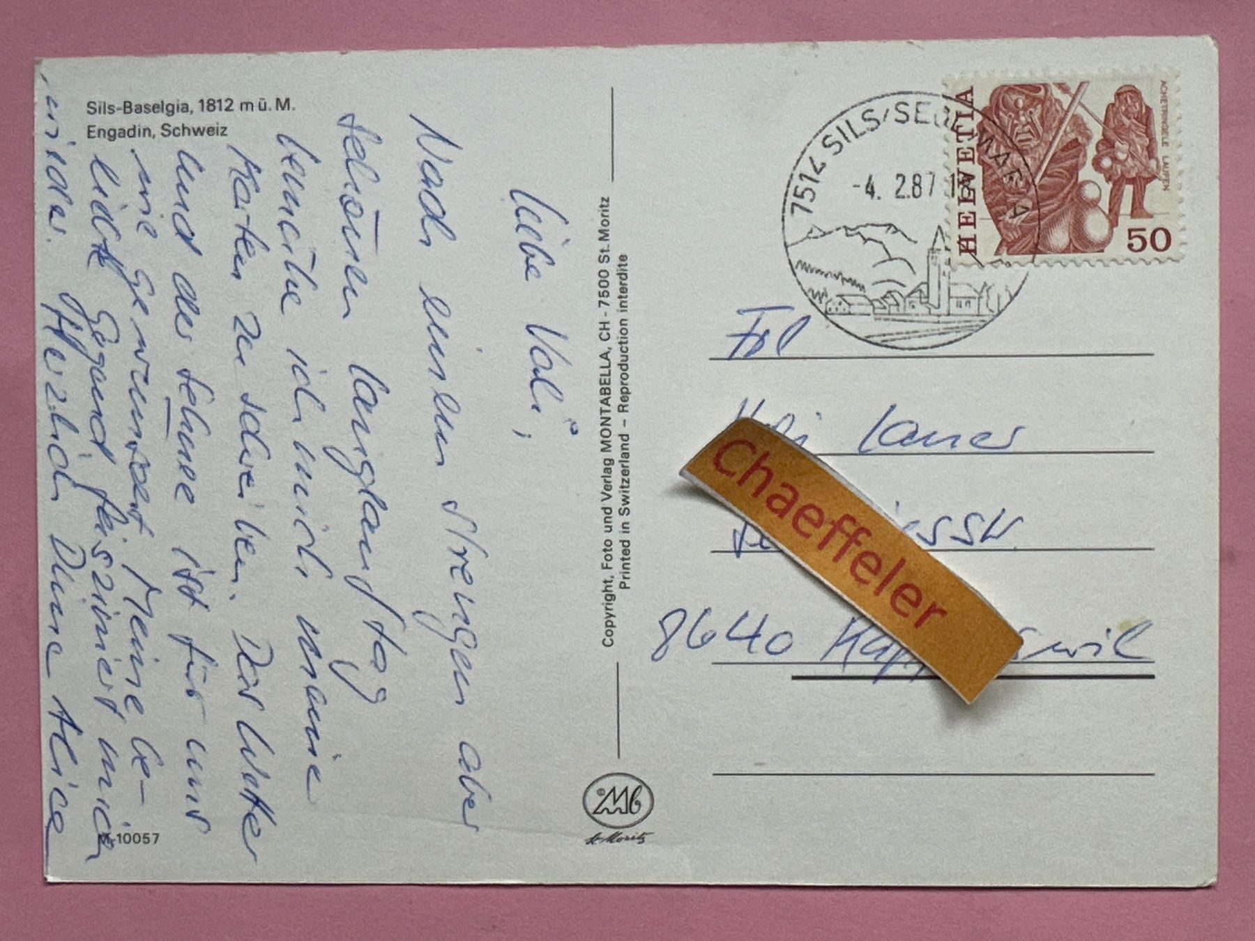 Ansichtskarten: 1987 Sils-Baselgia, Engadin – Gebraucht aus Zürich von Chaeffeler 1