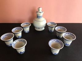 China Reiskorn Porzellan weiss/blau Sake Reiswein-Set 9-tlg