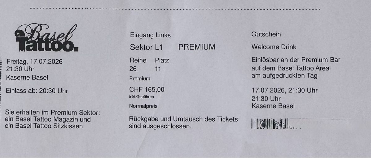 Tickets: Tattoo Basel 17.7.26 4x – Neu und originalverpackt aus Geroldswil von eka_grb2 3