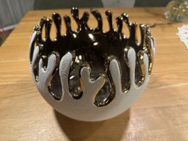 Dekorative Schale Keramik Weiss Gold 20 cm Neu