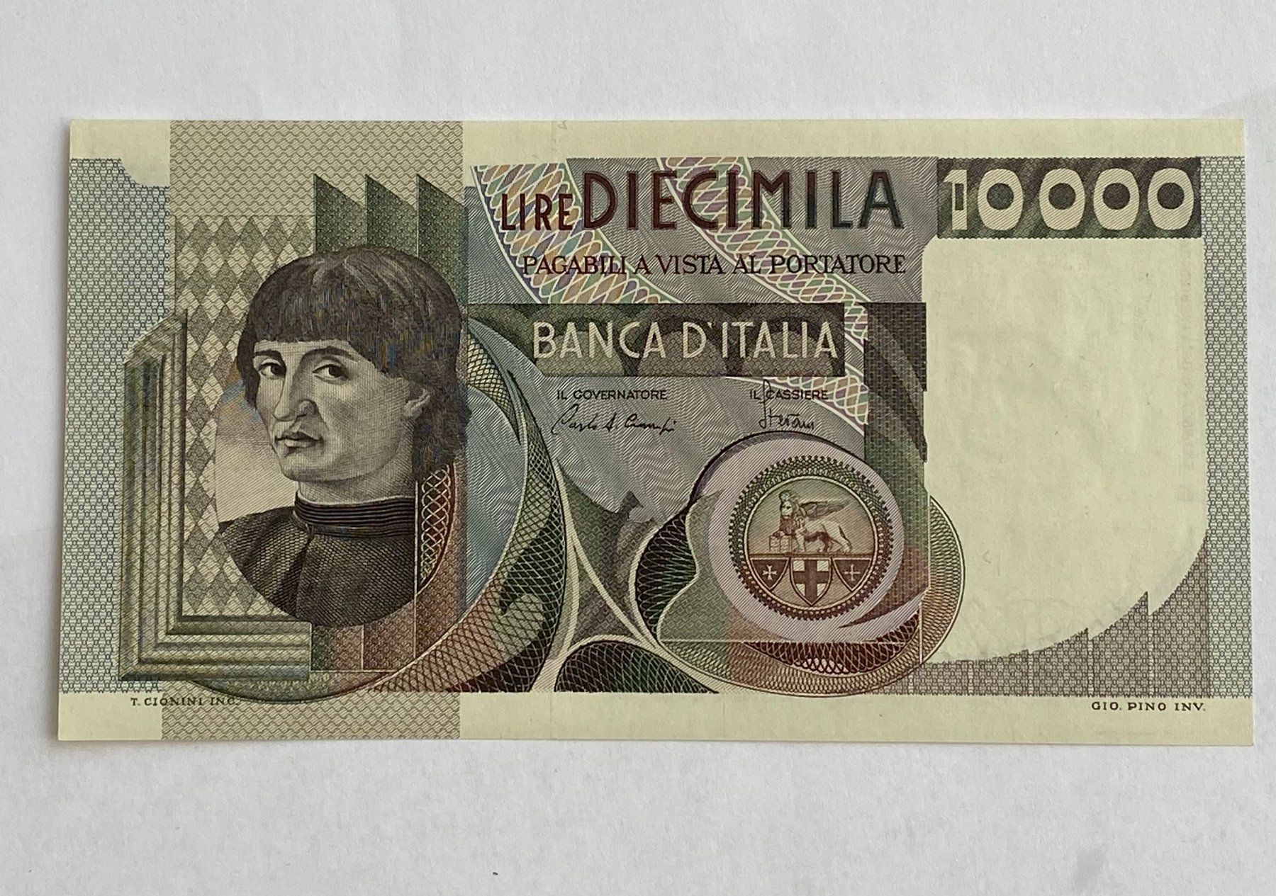 Banknoten: 10000 Lire Italien - Banknote - UNC – Gebraucht aus Schlieren von