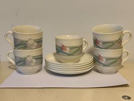 5er Set Kaffeetassen mit Unterteller, Vintage, Blumenmuster