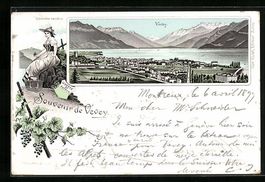 Litho Vevey, Panorama mit Ort, See und G