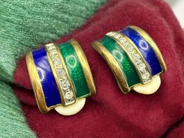 Vintage Ohrringe Vergolden Emaille blau grün Strass