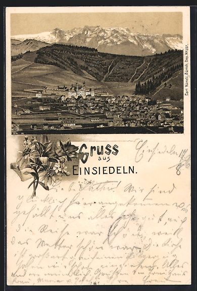Cartoline postali: Litho Einsiedeln, Otsansicht mit Alpenpa – Usato da Berlin venduto da bartko-reher