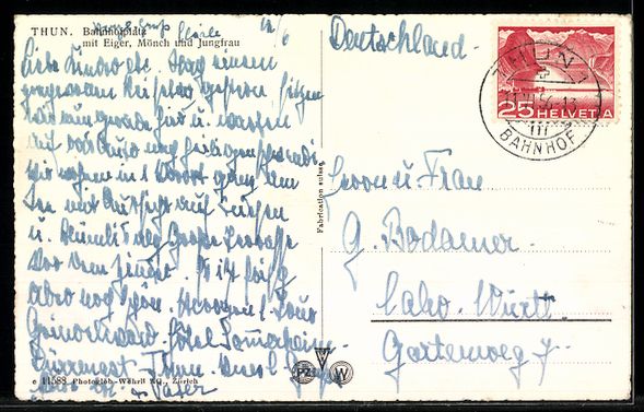 Cartoline postali: AK Thun, Bahnhofplatz mit Eiger, Mönch und Jungfrau – Usato da Berlin venduto da bartko-reher 1