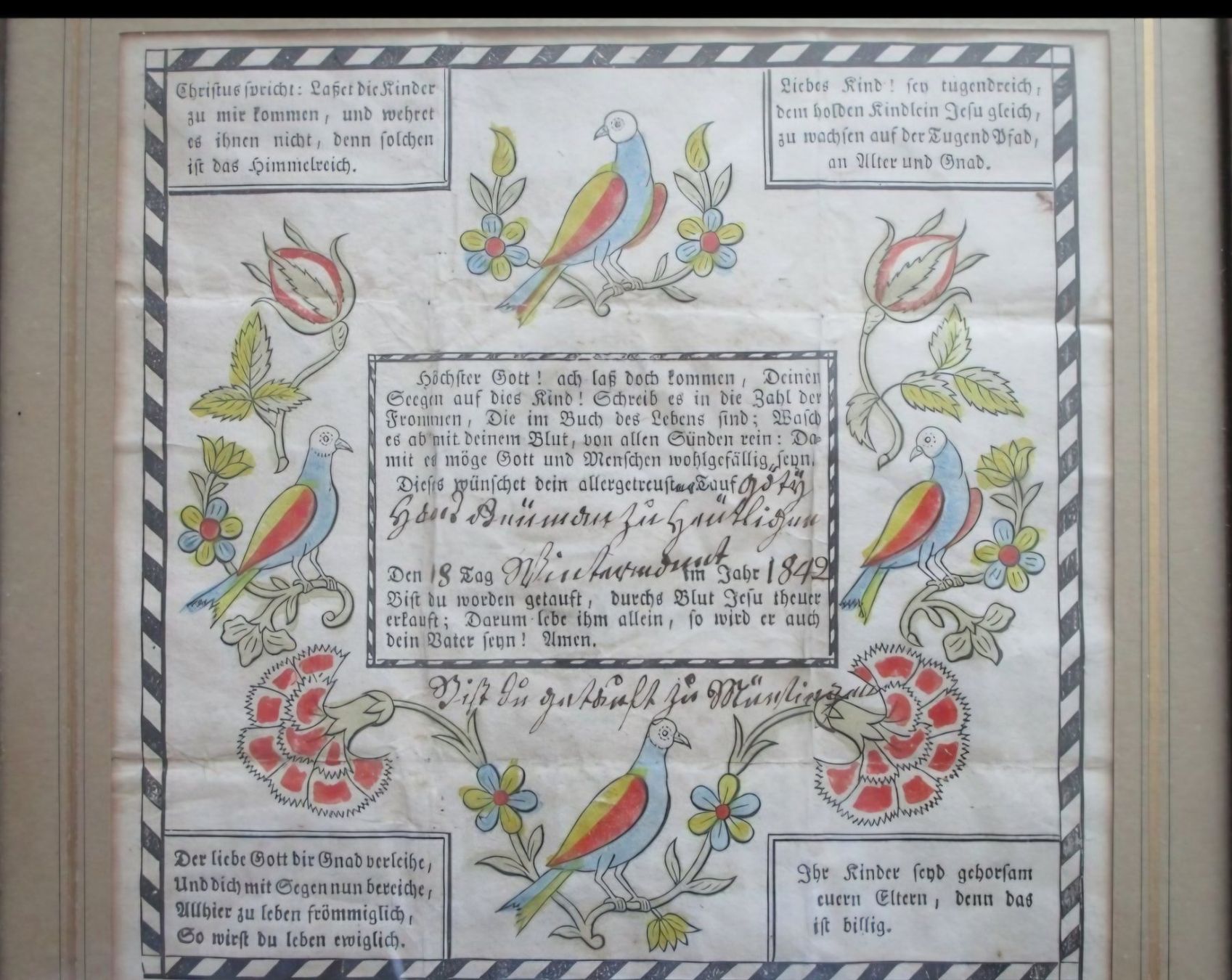 Documenti: tauf-zedel 1842 taufschein gerahmt – Usato da Winterthur venduto da chimischimi 1