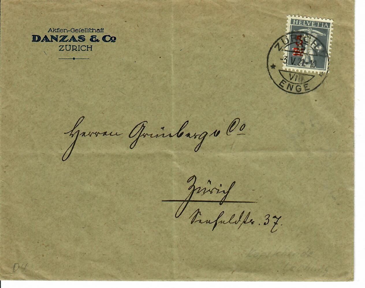Tous les timbres: Perfin Brief, Danzas & Co. Zürich  1921 – D'occasion à Hochdorf par Ziegel-16
