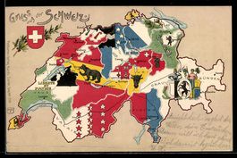 AK Schweiz, Landkarte der Schweiz mit Wappen der Kantone
