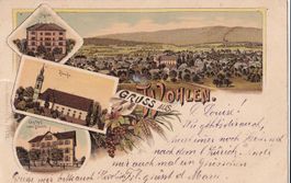 Wohlen farbige Lithografie 4 Bilder mit Gasthof Bären Schule