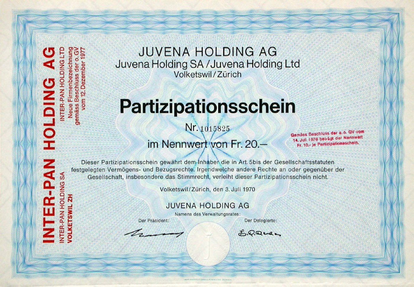 Dokumente: Juvena Holding AG, Volketswil - 1970 – Gebraucht aus Solothurn von Sgasche