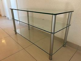 Table de salon, 3 plateaux en verre, pieds en alu brossé