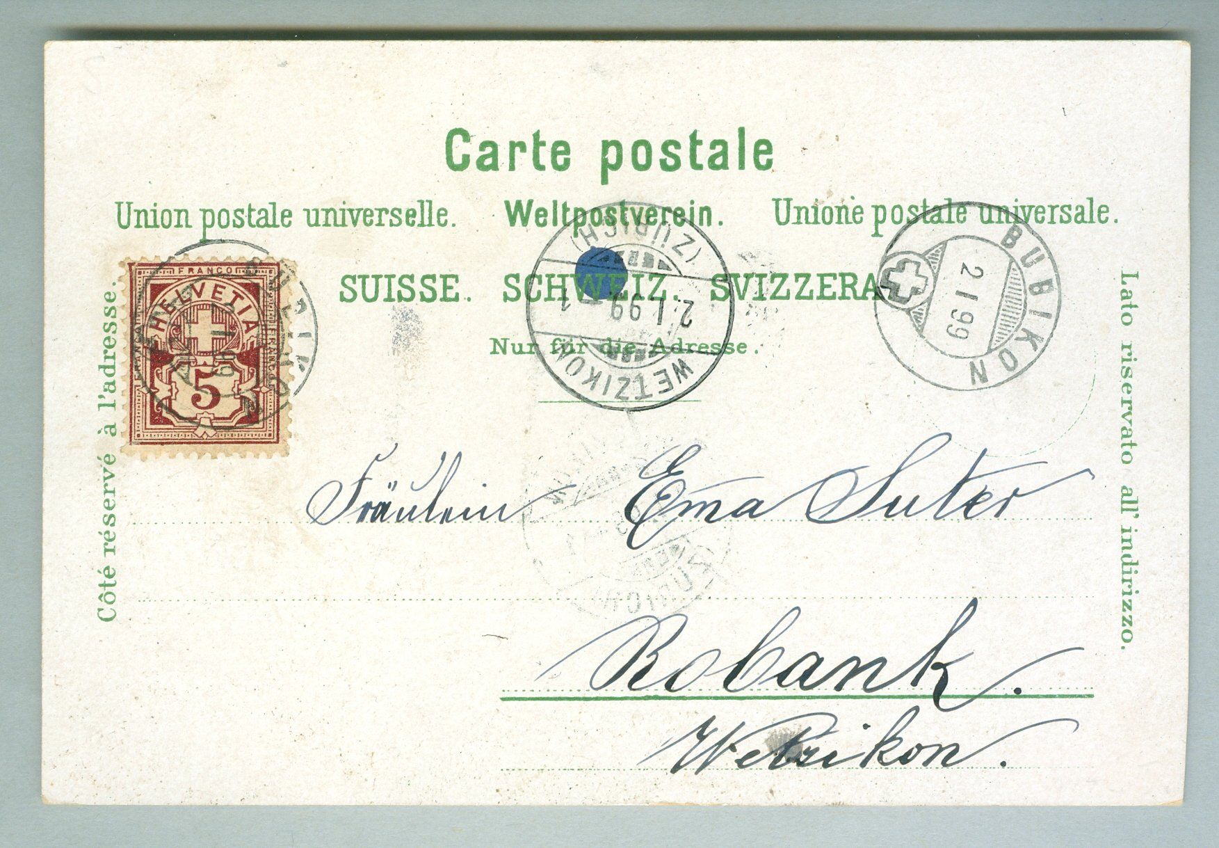 Ansichtskarten: 1899 Schweiz AK Kt ZH – Gebraucht aus Zürich von yago-rot 1