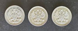 10 Kopecs Silver Russia 2x 1913 1x 1914 3 Coins