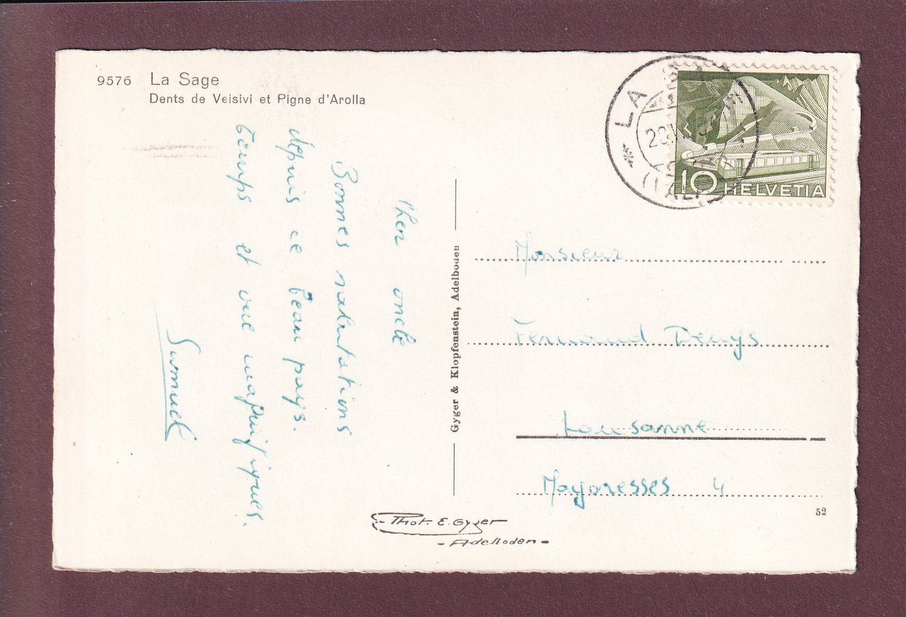 Cartoline postali: LA SAGE - Dents de Veisivi - 1954 – Usato da Pully venduto da nicecards 1