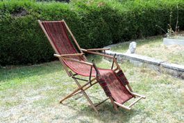 Ancien transat de croisière, chaise longue en bois, fin 19e