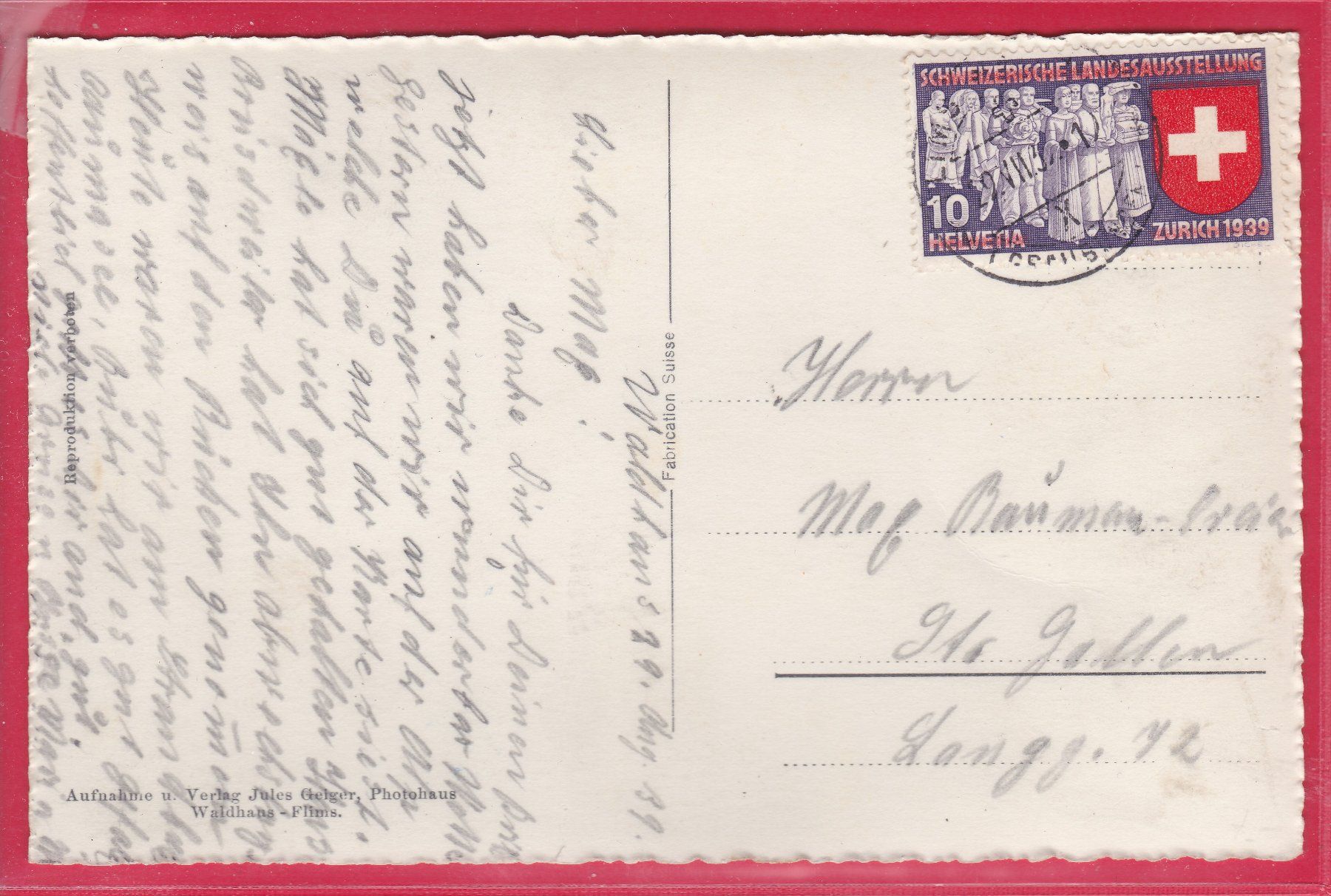 Cartoline postali: FLIMS MIT FLIMSERSTEIN, 29.7.1939 – Usato da Oberrieden venduto da Gebirgsstelze 1