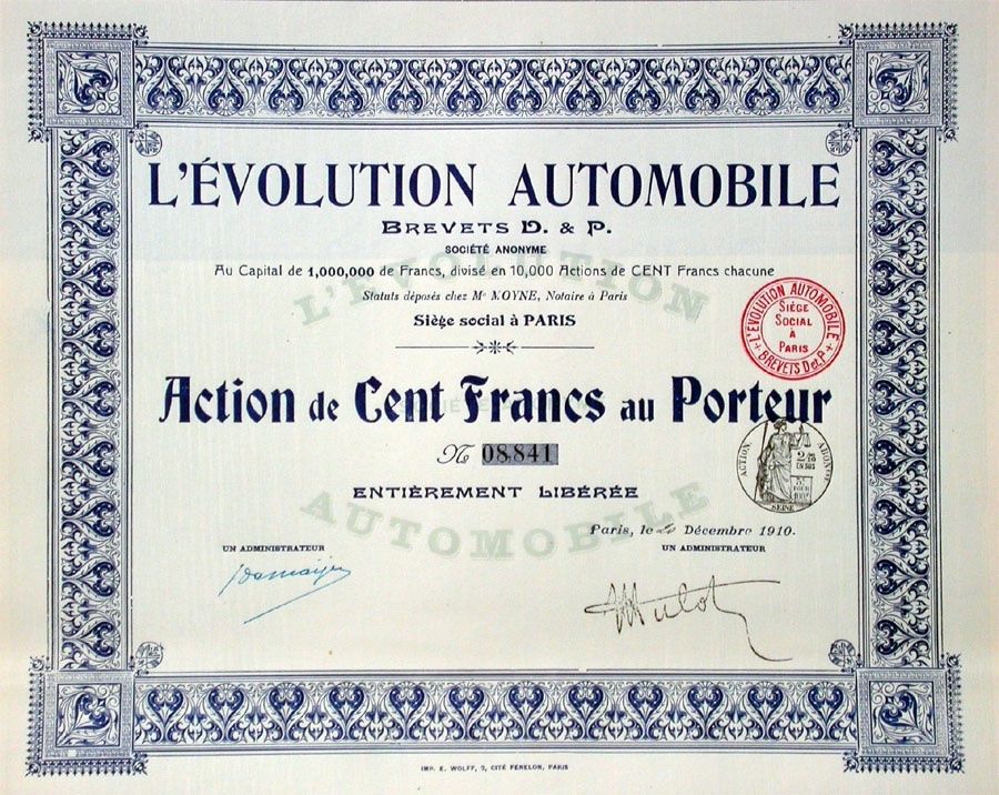 Dokumente: L'Evolution Automobile Brevets D. & P. SA, Paris - 1910 – Gebraucht aus Solothurn von Sgasche