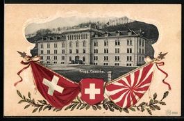 AK Brugg, Caserne mit Fahnen und Wappen