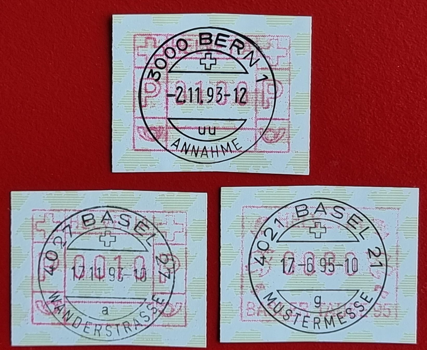 Tutti i francobolli: ATM TYP 9 ET BERN 1993 BASEL TAUBE MUSTERMESSE WANDERSTRASSE – Nuovo (secondo la descrizione) da Düdingen venduto da Quartierstrasse