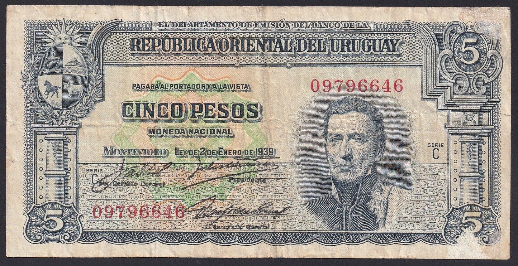Banknoten: Uruguay 5 Pesos 1948 – Gebraucht aus Brugg AG von banknoten_muesli