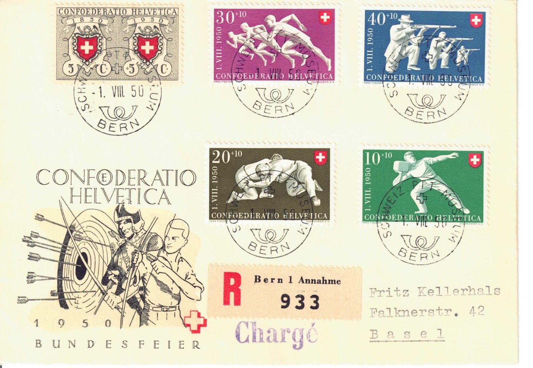 Tutti i francobolli: Pro Patria Satz 1950 auf R-Brief – Usato da Olten venduto da Pjotr8