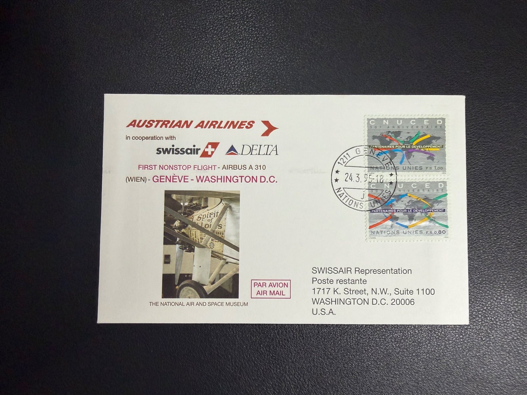 Tutti i francobolli: AUA Erstflugbrief Genf - Washington ab UNO 1995 – Usato da oberrüti venduto da jeanmei