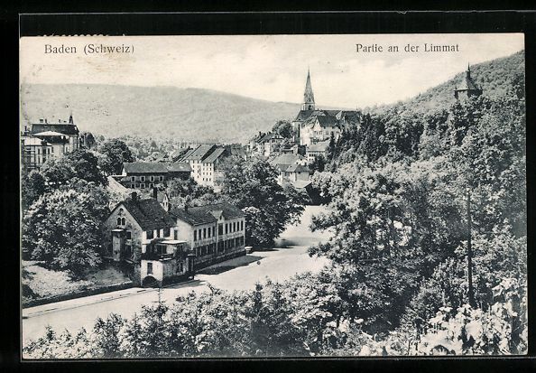 Cartoline postali: AK Baden, Partie an der Limmat, 1909 – Usato da Berlin venduto da bartko-reher