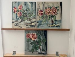 Gemälde aus den 60iger Jahre, Stilleben Rosen Terracotta